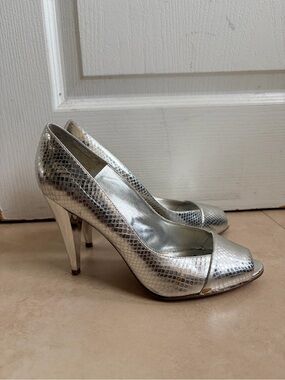 Aldo Metallic Silver Snake-Embossed Peep-Toe Heels